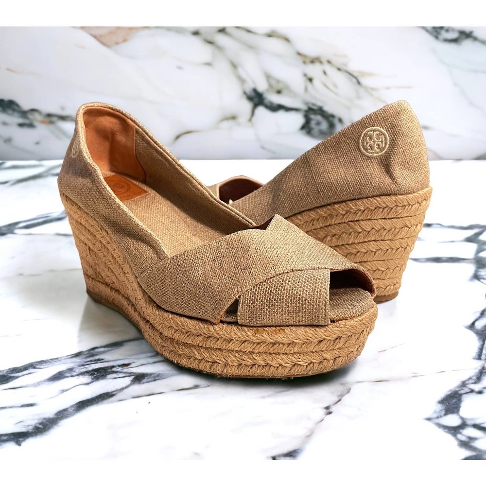 Tory Burch Filipe Wedged Espadrilles Sandals Criss Cross Peep Toe | Size 8 B
